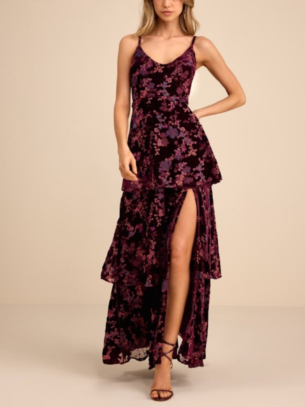 Lulus I Love You Amore Plum Purple Floral Velvet Tiered Maxi Dress - Size S